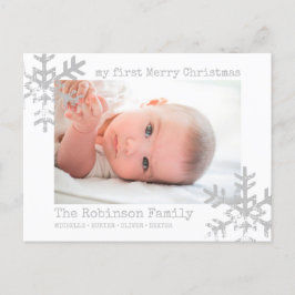 White Baby First Christmas Foto Snowflakes Feiertagspostkarte