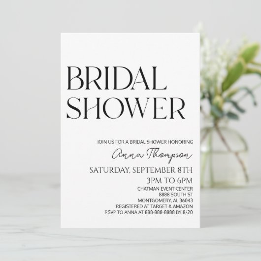 White Back Modernes Minimalistisches Brautparty Einladung (Stehend Vorderseite)