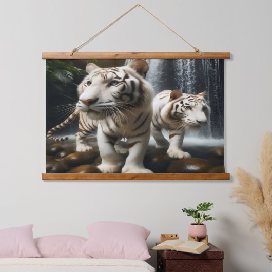 White Bangle Tigers Tapestry Wandteppich Mit Holzrahmen (Schlafzimmer)