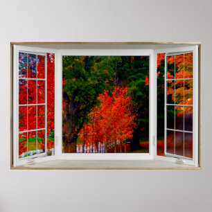 White Bay Window Illusion Autumn Scene Poster