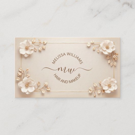 White Beige 3D Flowers Initials Visitenkarte (Vorderseite)