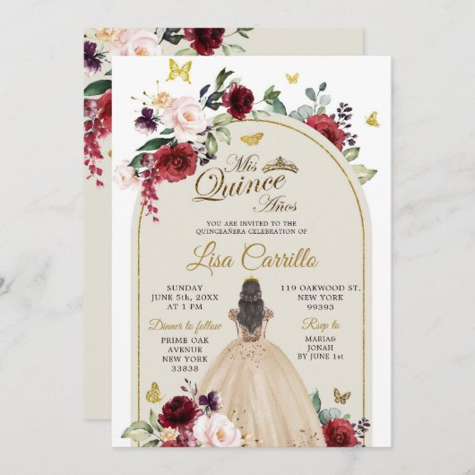 White Beige und Marsala Butterfly Mis Quince Einladung (Vorne/Hinten)