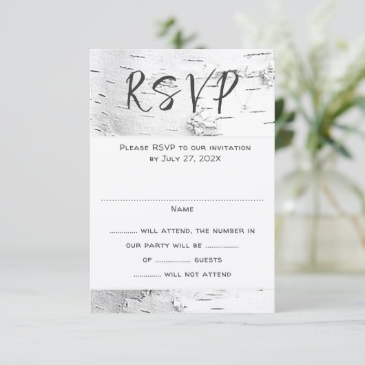 White Birch Wedding RSVP Guest Count Enclosure (Stehend Vorderseite)