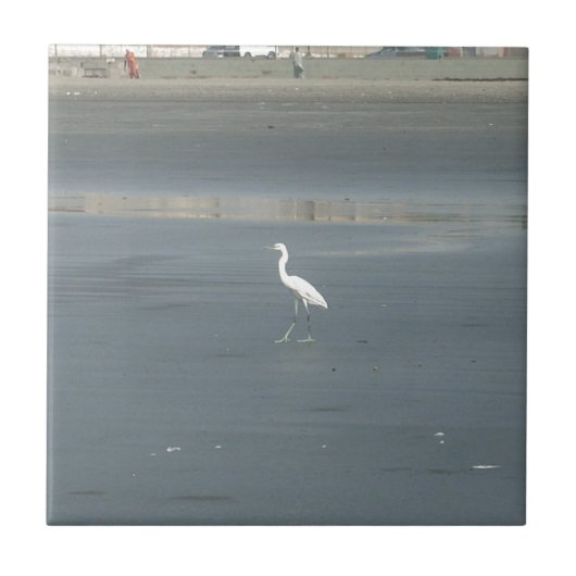 White Bird auf grauem Sand Beach Art Print Fliese (Vorderseite)