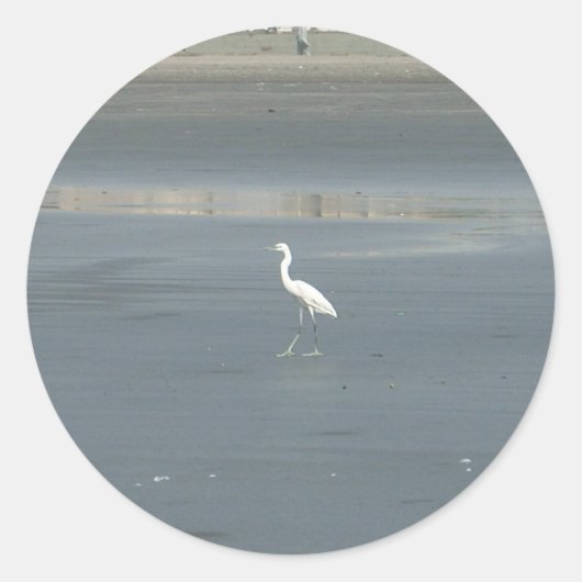 White Bird auf grauem Sand Beach Art Print Runder Aufkleber (Vorderseite)