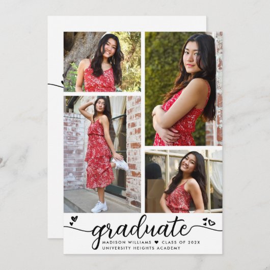 White Black Abschluss 4 Foto Kalligraphie Herz Einladung (Vorne/Hinten)