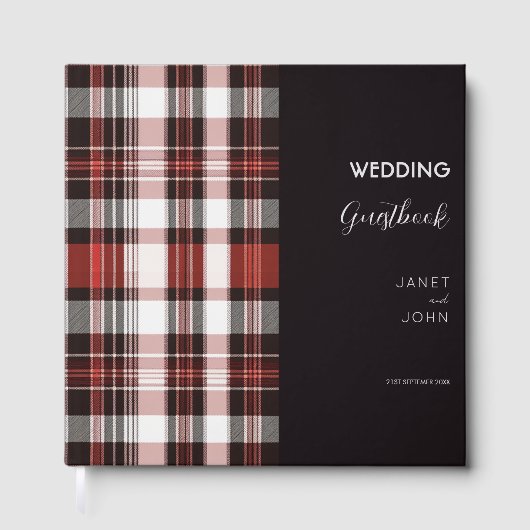 White, Black and Red Scottish Tartan Wedding Gästebuch (Vorderseite)