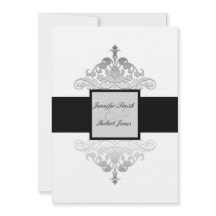 White Black and Silver Damask Einladung