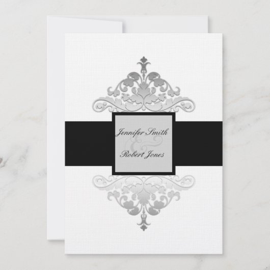 White Black and Silver Damask Einladung (Vorderseite)
