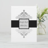 White Black and Silver Damask Einladung (Stehend Vorderseite)