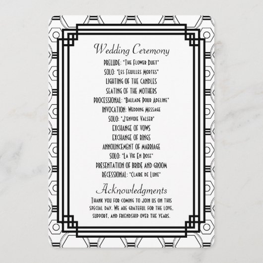 White & Black Art Deco Hochzeitsprogramme Programm (Rückseite)
