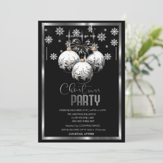 White Black Balls Snowflakes Company Weihnachten Einladung (Stehend Vorderseite)