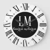 White & Black Bow Monogram Große Wanduhr (Vorderseite)