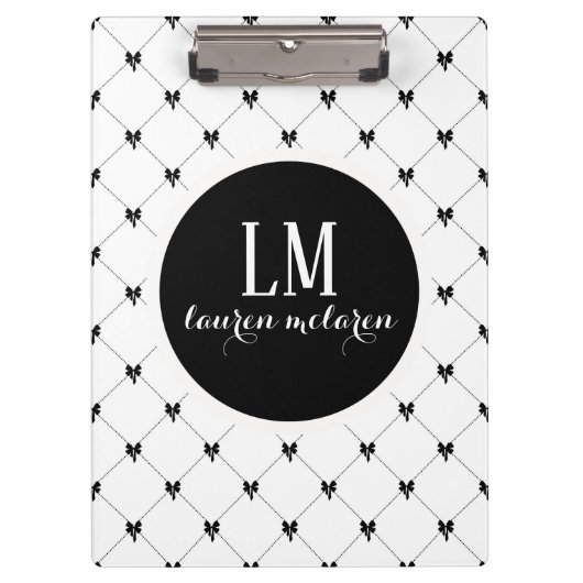 White & Black Bow Monogram Klemmbrett (Vorderseite)
