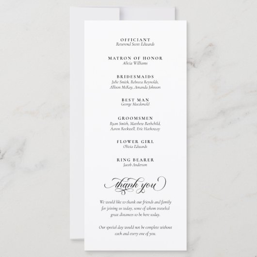 White & Black Calligraphy Script Hochzeitsprogramm (Rückseite)