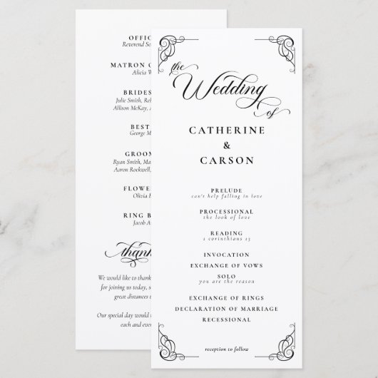 White & Black Calligraphy Script Hochzeitsprogramm (Vorne/Hinten)