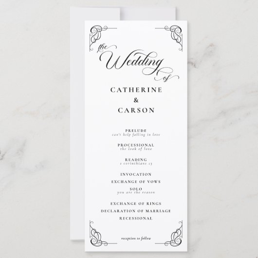 White & Black Calligraphy Script Hochzeitsprogramm (Vorderseite)