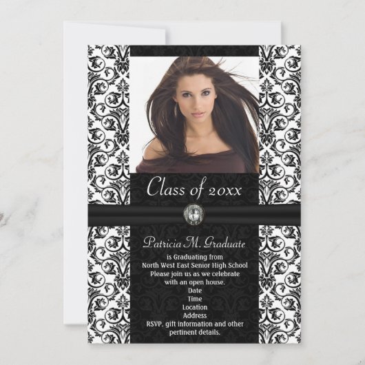 White|Black Damask Abschluss Einladung (Vorderseite)