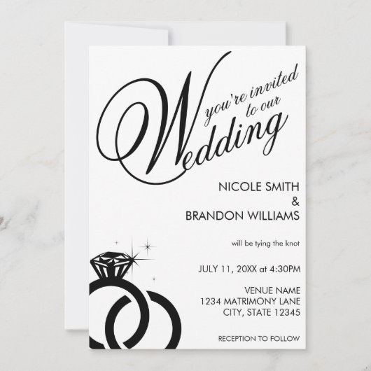 White & Black Diamond Ring Wedding Einladung (Vorderseite)