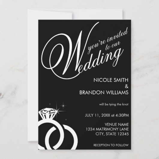 White & Black Diamond Ring Wedding Einladung (Vorderseite)
