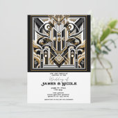 White Black Gold Art Deco Roaring 20's Wedding Einladung (Stehend Vorderseite)