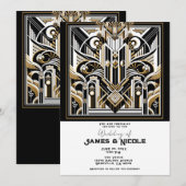 White Black Gold Art Deco Roaring 20's Wedding Einladung (Vorne/Hinten)