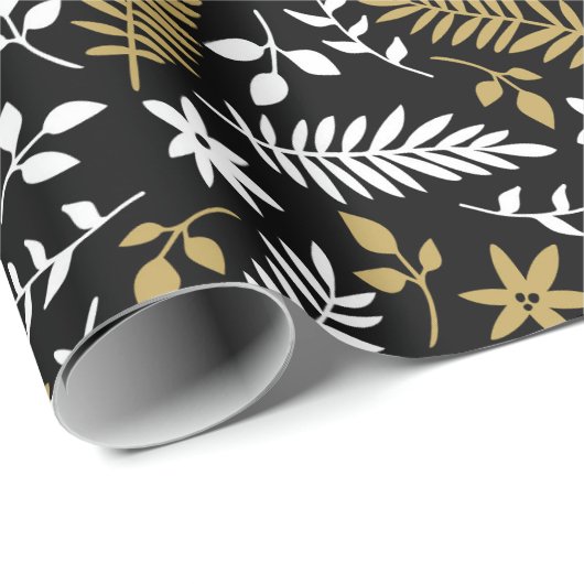White Black Gold Botanical Pattern Geschenkpapier (Rolleneckpunkt)