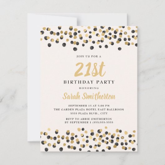 White Black Gold Confetti Glitzer 21. Geburtstag Einladung (Vorderseite)