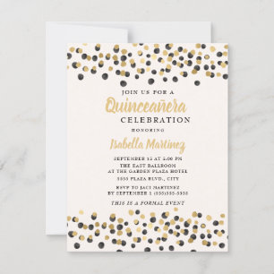 White Black Gold Confetti Glitzer Quinceanera Einladung