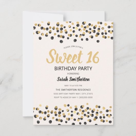 White Black Gold Confetti Glitzer Sweet 16 Einladung (Vorderseite)