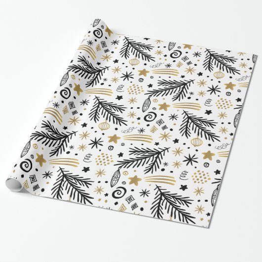 White Black Gold Doodle PINE und Sterne CHRISTMAS Geschenkpapier (Ungerollt)