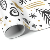 White Black Gold Doodle PINE und Sterne CHRISTMAS Geschenkpapier (Rolleneckpunkt)