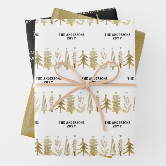 White Black Gold Familie Weihnachtsbaum Streifen B Geschenkpapier Set (Beispiel)