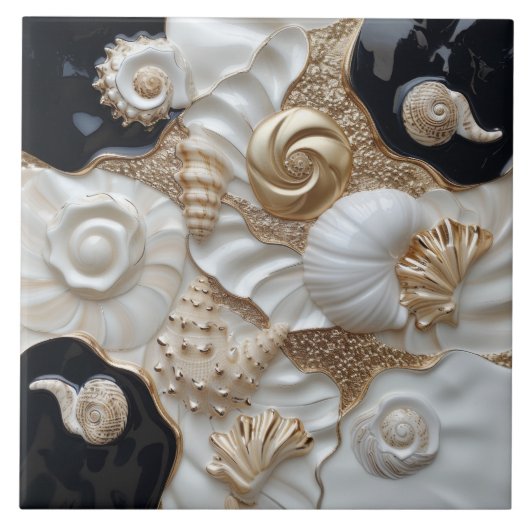 White Black Gold Seashells 3D-Effekt Fliese (Vorderseite)