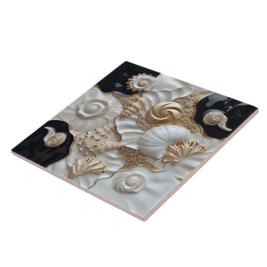 White Black Gold Seashells 3D-Effekt Fliese (Seite)