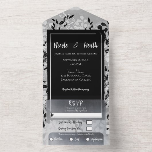 White Black Gray Moderne Minimal Blumenhochzeit All In One Einladung (Innen Boden)