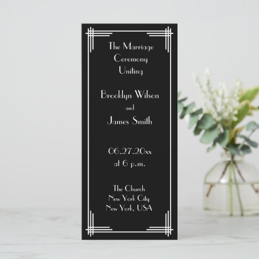 White Black Great Gatsby Art Deco Hochzeitsprogram Programm (Stehend Vorderseite)