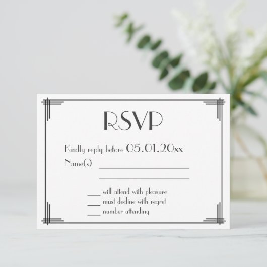 White Black Great Gatsby Art Deco Wedding RSVP (Stehend Vorderseite)