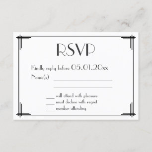 White Black Great Gatsby Art Deco Wedding RSVP Karte