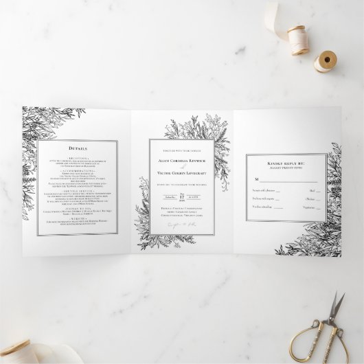 White Black Greenerity Wedding Tri-Fold Einladung (Innenseite)
