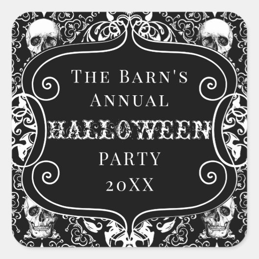 White Black Halloween Damask Skull Gothic Custom Quadratischer Aufkleber (Vorderseite)