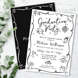 White Black Hand Drawn Doodles Graduation Party Einladung