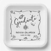 White Black Hand Drawn Doodles Graduation Quirky Pappteller (Vorderseite)
