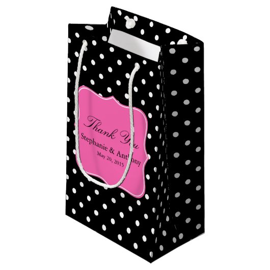White Black, Hot Pink Polka Dot Wedding Vielen Dan Kleine Geschenktüte (Vorderseite Schrägansicht)