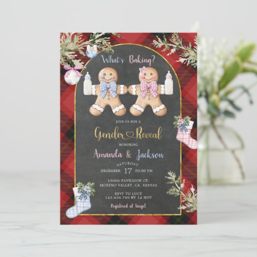 White Black Kariert Cookie Gender Reveal Einladung (Stehend Vorderseite)