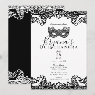 White & Black Lace Masquerade 15. Quinceañera Einladung