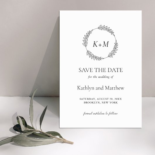 White Black Leaf Wreath Modern Monogram Wedding Save The Date