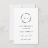 White Black Leaf Wreath Modern Monogram Wedding Save The Date (Vorderseite)