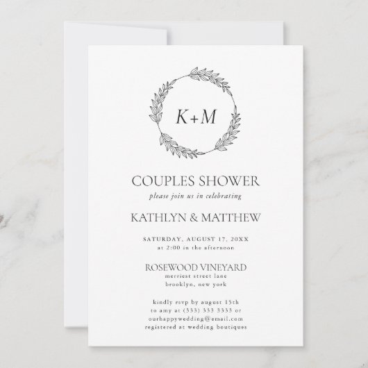 White Black Leaf Wreath Monogram Couples Dusche Einladung (Vorderseite)