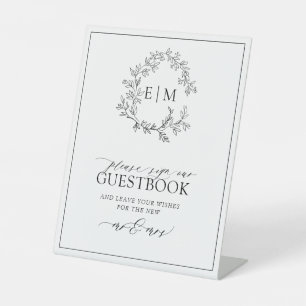 White Black Leafy Wappen Monogram Wedding Guestboo Sockelschild